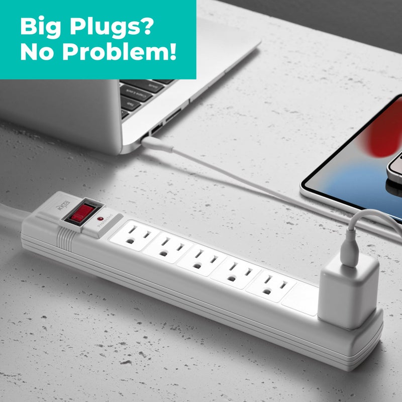 KMC 6-Outlet Surge Protector Power Strip, 2-Pack, 1200 Joules, 6ft Cord, Adapter Spaced Outlet, Overload Protection, White - Image 4